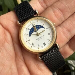 Becora Moonphase Quartz Watch Date V183 Black Leather Strap AII Gold Tone Plated